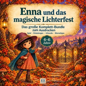Könnte beinhalten: Ein druckbares Komplett-Bundle mit dem Titel Enna und das magische Lichterfest, das eine junge Figur mit violettem Hut und blauem Umhang in einem herbstlichen Wald mit Kürbissen, Pilzen und einem schmiedeeisernen Tor zeigt.