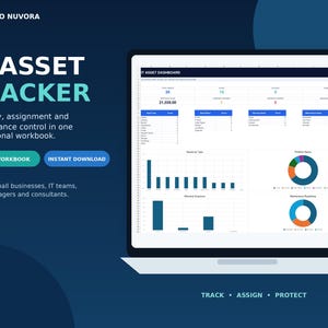 May include: A digital IT asset tracker dashboard displayed on a laptop screen. The interface features data tables, bar charts, and donut charts for monitoring warranty, assignment, and maintenance. Text includes STUDIO NUVORA, IT ASSET TRACKER, EXCEL WORKBOOK, INSTANT DOWNLOAD, and TRACK ASSIGN PROTECT.