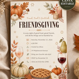 May include: A Friendsgiving invitation card featuring watercolor illustrations of pumpkins, autumn leaves, mushrooms, a pie, and wine glasses. The text reads Friends, Food & Gratitude, FRIENDSGIVING, and includes event details for November 21, 2026.