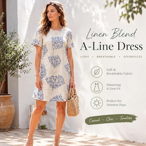 Pode incluir: Um vestido de corte em A até o joelho em tecido de mistura de linho bege com um padrão floral azul, mangas curtas e decote redondo. O texto na imagem diz: Linen Blend A-Line Dress, Light, Breathable, Effortless, Soft & Breathable Fabric, Flattering A-Line Fit, Perfect for Summer Days, Casual, Chic, Timeless.