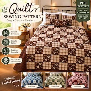 Può includere: Un modello di cucito per trapunte in PDF con un design a scacchiera di blocchi floreali e a quadri marroni e beige. La trapunta misura 9 per 10 blocchi, con ogni blocco di 25,4 cm per 25,4 cm. Include varianti in blu, verde e rosso.