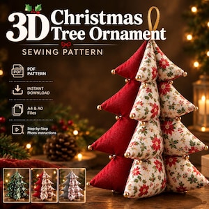 May include: A 3D Christmas Tree Ornament sewing pattern featuring a PDF pattern, instant download, A4 and A0 files, and step-by-step photo instructions. The ornament is a fabric tree with red and poinsettia-patterned sections and gold beads.