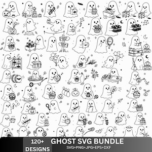 May include: A collection of over 120 black and white line art illustrations featuring ghosts in various activities, including holding pumpkins, books, stars, and tools. The text at the bottom reads 120+ GHOST SVG BUNDLE SVG+PNG+JPG+EPS+DXF.