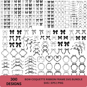 Op de afbeelding: Een digitale collectie van 300 zwart-wit grafische ontwerpen met diverse lintstrikken, decoratieve kaders en hoekversieringen. De tekst onderaan luidt 300 DESIGNS BOW COQUETTE RIBBON FRAME SVG BUNDLE SVG | EPS | PNG.