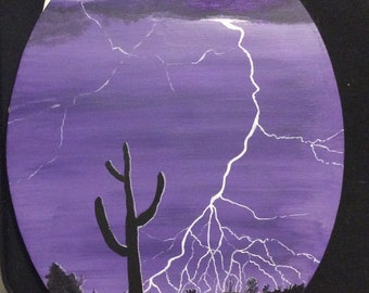Desert Lightning at Night on Purple Background - Original 8 x 10 Framed Painting - SALE