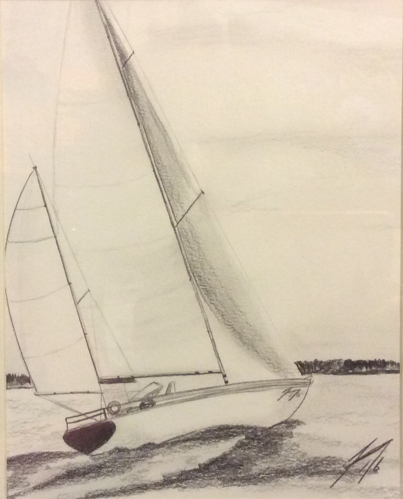 Voilier Dans La Brise 8 X 10 Original Dessin Au Crayon