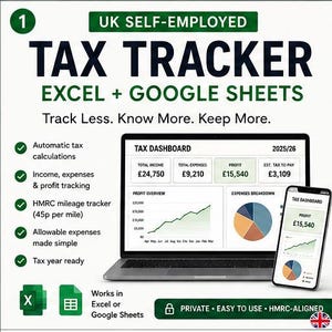 May include: A digital UK self-employed tax tracker for Excel and Google Sheets. The display shows a tax dashboard with income, expenses, and profit data, including a line graph and pie chart. Features include automatic calculations and HMRC mileage tracking.