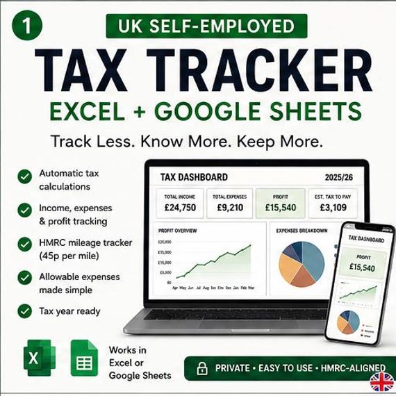 UK Self-Employed Tax Tracker Spreadsheet, Income, Expenses, Mileage (Excel + Google Sheets)