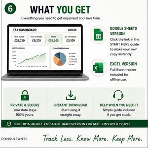May include: A digital tax dashboard displayed on a laptop screen showing 2025/26 financial data, including income, expenses, profit, and tax to pay. The graphic includes icons for Google Sheets and Excel, plus text detailing private, secure, instant download features.