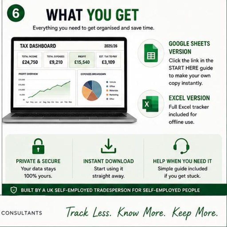 May include: A digital tax dashboard displayed on a laptop screen showing 2025/26 financial data, including income, expenses, profit, and tax to pay. The graphic includes icons for Google Sheets and Excel, plus text detailing private, secure, instant download features.
