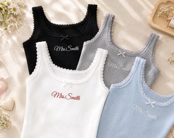 Custom Embroidered Lace Tank Top, Personalized Bridal Mrs. TankTop
