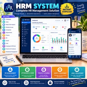 May include: A laptop and smartphone displaying an HRM System dashboard with employee, attendance, and finance modules. The screen shows data charts, user profiles, and navigation menus. A notebook with the text Better HR Management Starts Here sits nearby.
