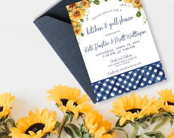 Sunflower Gingham Shower Invite Blue Gingham invitation Corjl DIY sunflower bouquet party evite