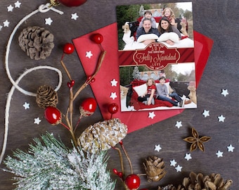 Tarjeta navideña editable en español • Tarjeta navideña con dos fotografías • Tarjeta fotográfica familiar Feliz Navidad • Tarjeta de felicitación navideña Corjl