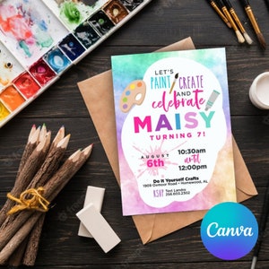 Editable Splatter Paint Art Party Invitation • Watercolor Paint Theme Party • Craft Painting Birthday Party • Crafty Paint Brush Bday