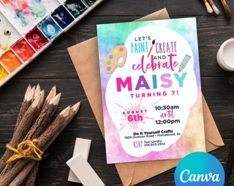 Editable Splatter Paint Art Party Invitation • Watercolor Paint Theme Party • Craft Painting Birthday Party • Crafty Paint Brush Bday