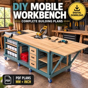 Könnte beinhalten: Eine mobile DIY-Werkbank mit heller Holzplatte, türkisfarbenem Rahmen und blauen Rollen. Das Möbelstück hat drei Schubladen, offene Regale mit weißen Behältern und einen roten Werkzeugkasten. Text: DIY MOBILE WORKBENCH COMPLETE BUILDING PLANS, DIGITAL DOWNLOAD, PDF PLANS MM + INCH.