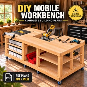 May include: A light-colored wooden mobile workbench featuring a built-in table saw, a miter saw, and open shelving units. The workbench includes a red toolbox, various hand tools, and blue caster wheels. Text reads: DIY MOBILE WORKBENCH.