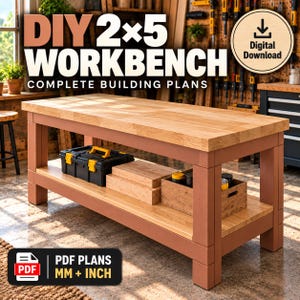 May include: A wooden workbench with a light-colored butcher block top and a reddish-brown frame. The lower shelf holds a black toolbox with yellow latches, wooden blocks, and a wooden crate. Text reads DIY 2x5 WORKBENCH COMPLETE BUILDING PLANS.
