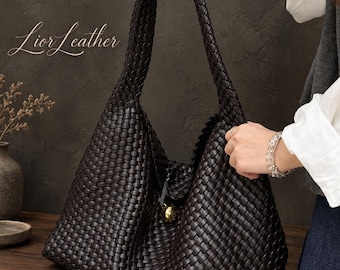 Gewebte Hobo-Tasche aus echtem Leder mit Innentasche