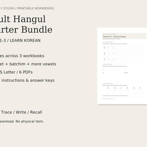 Könnte beinhalten: Adult Hangul Starter Bundle druckbares Arbeitsbuch-Set mit 72 Seiten in 3 Heften zum Koreanischlernen. Enthält Alphabet, Batchim und Vokalübungen mit englischen Anleitungen. Digitaler Download in den Formaten A4 und US Letter verfügbar.