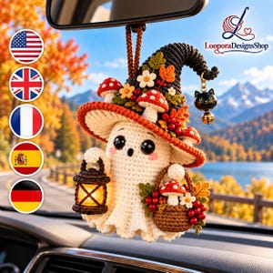 Virkat spökbilberlockmönster, skogshäxa-spöke-amigurumi i PDF-format, Halloween-backspegelhängare, höstbildekor