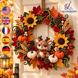 May include: A decorative autumn wreath featuring crocheted elements including yellow sunflowers, orange and white pumpkins, brown pinecones, red berries, wheat stalks, and maple leaves in red, orange, and green, with a central crocheted deer figure.