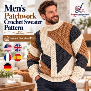 May include: A patchwork crochet sweater featuring a high turtleneck collar and long sleeves. The design incorporates geometric panels in cream, dark charcoal, and tan, showcasing various textured stitch patterns including cables and bobbles.