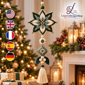 May include: A hanging crochet ornament featuring a multi-layered star design in dark green, light blue, and cream yarn. The piece includes gold beads, a square crochet motif, and a cream-colored tassel at the bottom. Text reads LooporaDesignsShop.