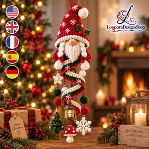 May include: A crocheted Christmas gnome ornament featuring a red hat with white snowflake patterns, a white beard, and braided hair. A long, spiraling crocheted ribbon in red, green, and white hangs below, adorned with a miniature lantern, a crocheted tree, a white snowflake, and a red and white mushroom.