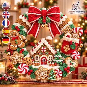 May include: A crocheted Christmas wreath featuring a large red bow, a central gingerbread house, a gingerbread person, a stocking, candy canes, star-shaped cookies, and peppermint candies. The wreath is decorated with green holly leaves and red berries.