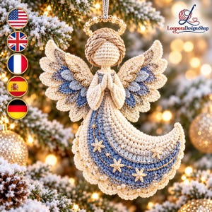 May include: A crocheted angel ornament featuring a cream-colored body and head with a halo of small beads. The angel has large wings with blue and cream layered feathers, hands clasped in prayer, and a crescent-shaped skirt adorned with star motifs.