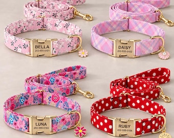 Personalized Dog Collar and Leash Set, Custom Name and Phone Number Metal Buckle, Floral and Patterned Styles