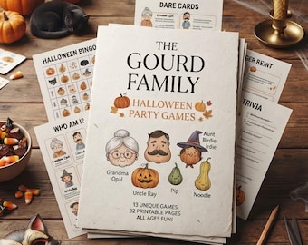 May include: A stack of printed Halloween party game sheets titled The Gourd Family, featuring cartoon illustrations of characters like Grandma Opal and Uncle Ray. The set includes trivia, dare cards, and scavenger hunt lists on white paper.