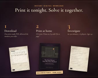 May include: A digital mystery game titled The Hotel Room That Was Never Booked, featuring three printable documents on a dark background. Text includes instructions for download, printing on US Letter paper, and gameplay for 1-6 players, ages 14+.