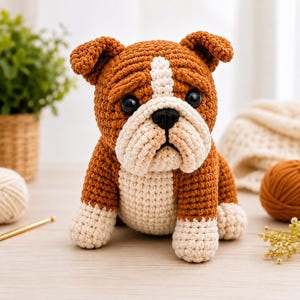 May include: A handcrafted crochet bulldog figurine featuring a brown and cream color scheme. The plush toy has a prominent white stripe running from its forehead to its chest, black plastic eyes, a black nose, and textured, folded ears.