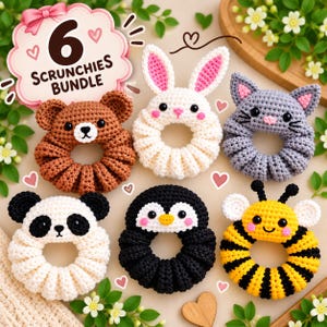 May include: A bundle of six crocheted hair scrunchies featuring animal designs including a brown bear, white rabbit, grey cat, panda, penguin, and yellow bee. A sign in the upper left corner displays the text 6 SCRUNCHIES BUNDLE.