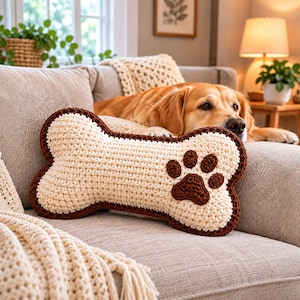 May include: A bone-shaped crochet pillow in cream yarn with a dark brown border and a dark brown paw print appliqué centered on the right side. The pillow features a textured, hand-stitched appearance and is resting on a light-colored fabric sofa.
