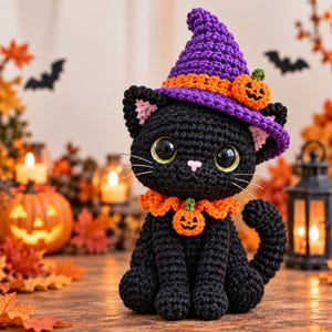 May include: A black crocheted cat figurine wearing a purple witch hat with an orange band and a small pumpkin accent. The cat has large black eyes, a pink nose, white whiskers, and a ruffled orange collar featuring a small pumpkin charm.