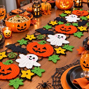 Schema per centrotavola all'uncinetto, schema per centrotavola di Halloween all'uncinetto, centrotavola di Halloween all'uncinetto, schema per centrotavola con zucca e fantasma, PDF