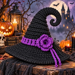 May include: A black crocheted witch hat featuring a curled top point and a wide brim. The hat is decorated with a vibrant purple crocheted band and a large, matching purple crocheted flower accent on the side, with two dangling purple cords.