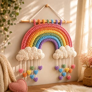Può includere: Una decorazione da parete a forma di arcobaleno realizzata in filato all'uncinetto nei colori rosa, arancione, giallo, verde, blu e viola. L'arcobaleno presenta due nuvole bianche all'uncinetto alla base, con piccoli cuori pendenti.
