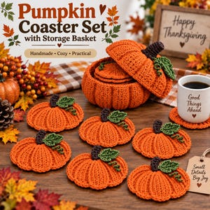 May include: A set of orange crochet pumpkin coasters with green leaves and brown stems, including a matching pumpkin-shaped storage basket. The set is displayed with a white mug and a tag that reads Small Details Big Joy.