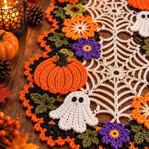 Patrón de ganchillo para camino de mesa de telaraña de Halloween, tapete de calabaza fantasma en PDF, decoración de encaje, descarga de otoño