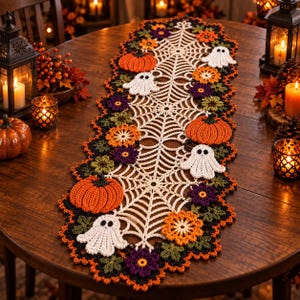 Puede incluir: Un camino de mesa rectangular de ganchillo con un patrón central de telaraña color crema, bordeado por calabazas naranjas, fantasmas blancos, flores moradas y hojas verdes, con un borde festoneado en hilo negro, naranja y verde.