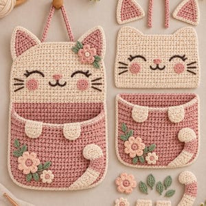 May include: A crochet wall organiser shaped like a cat with a cream face and dusty rose pocket, featuring embroidered whiskers, pink cheeks, and floral accents. Includes separate crochet cat ears, a tail, and flower embellishments.