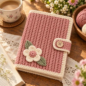 May include: A rectangular notebook cover made of dusty rose crochet fabric with a cream-colored border. The cover features a central cream and rose-colored crocheted flower with two green leaves and a small wooden button closure on a side tab.