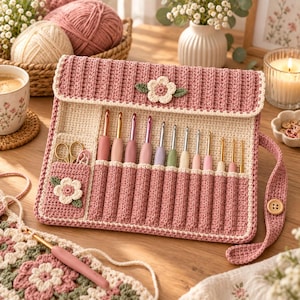 Könnte beinhalten: Ein altrosa Häkelnadel-Etui mit gerippter Textur, einer Klappe mit weißer Blumenapplikation und einem Seitenriemen mit Holzknopf. Das Innere enthält zehn Metallhäkelnadeln in verschiedenen Farben sowie eine kleine Tasche mit einer goldenen Schere.