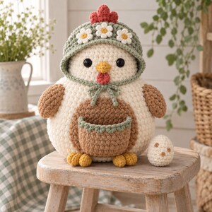 May include: A round, cream-colored crochet chicken plushie wearing a sage green bonnet decorated with white daisy flowers. The chicken has a yellow beak, a red wattle, brown wings, and a small brown pouch on its front. A small, speckled egg sits beside it.