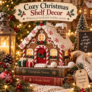 May include: A crocheted gingerbread house decoration featuring a brown structure with white icing trim, a red door, candy cane accents, and green wreaths. The house sits on two stacked books titled Christmas Stories and A Kinder World.